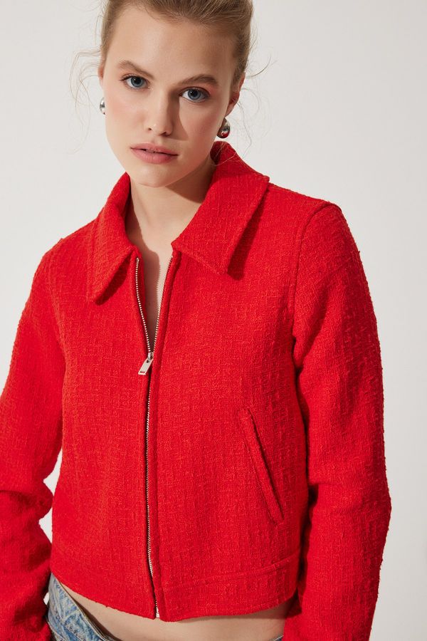 Happiness İstanbul Happiness İstanbul Women's Red Zippered Shirt Collar Tweed Jacket