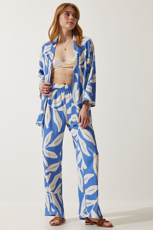 Happiness İstanbul Happiness İstanbul Women's Sky Blue Patterned Crinkle Summer Jacket Palazzo Suit