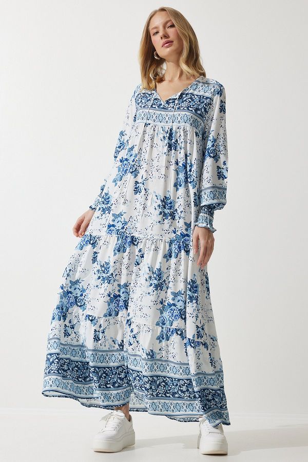 Happiness İstanbul Happiness İstanbul Women's Sky Blue Patterned Oversize Long Viscose Dress
