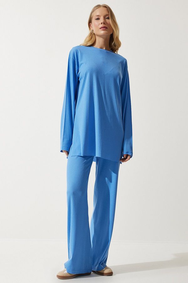 Happiness İstanbul Happiness İstanbul Women's Sky Blue Ribbed Knitted Blouse Pants Suit