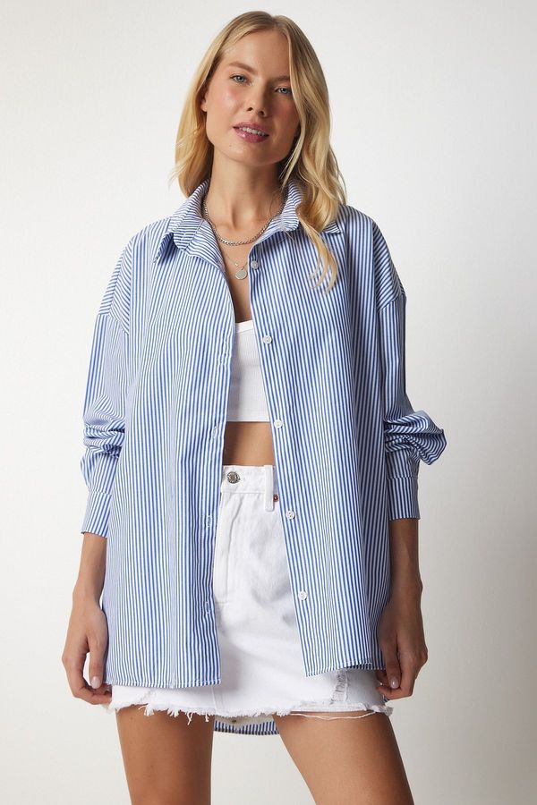 Happiness İstanbul Happiness İstanbul Women's Sky Blue Striped Oversize Long Basic Shirt