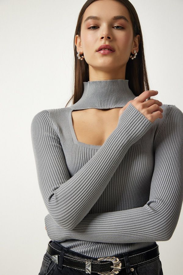 Happiness İstanbul Happiness İstanbul Women's Stone Cut Out Detailed High Neck Ribbed Knitwear Sweater
