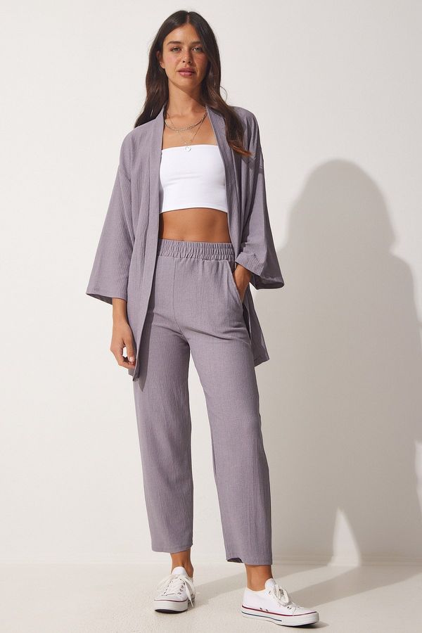 Happiness İstanbul Happiness İstanbul Women's Stone Gray Kimono and Pants, Knitted Set