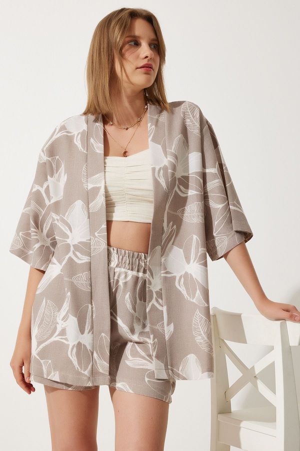 Happiness İstanbul Happiness İstanbul Women's Stone Tropical Patterned Summer Raw Linen Kimono Shorts