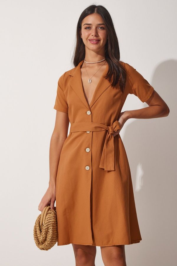 Happiness İstanbul Happiness İstanbul Women's Tan Belted Woven Shirt Dress