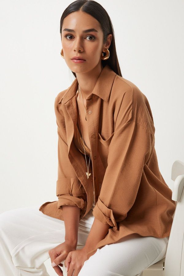 Happiness İstanbul Happiness İstanbul Women's Tan Oversize Linen Ayrobin Shirt