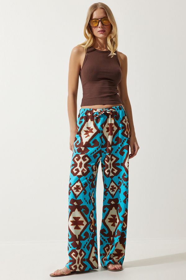 Happiness İstanbul Happiness İstanbul Women's Turquoise Patterned Raw Linen Palazzo Trousers
