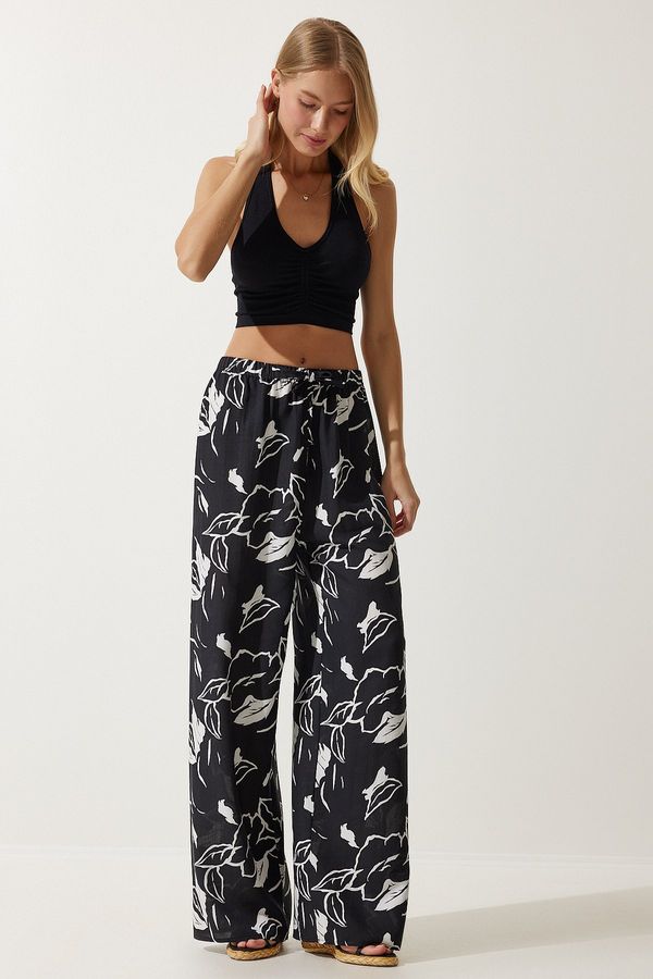 Happiness İstanbul Happiness İstanbul Women's Vibrant Black Patterned Loose Viscose Palazzo Trousers