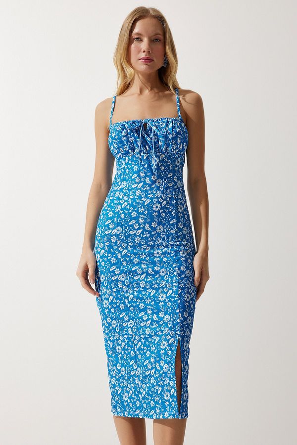 Happiness İstanbul Happiness İstanbul Women's Vibrant Blue White Floral Slit Summer Knitted Dress