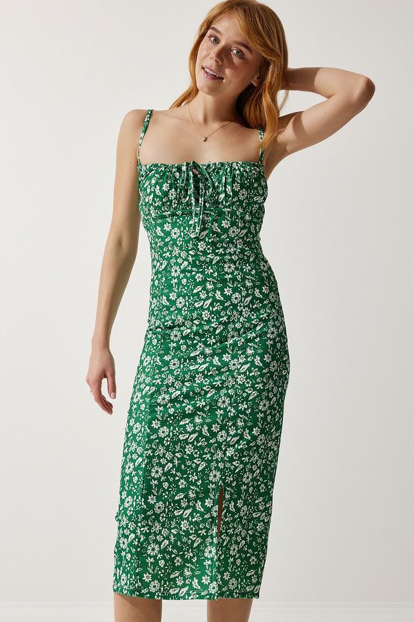 Happiness İstanbul Happiness İstanbul Women's Vibrant Green Floral Slit Summer Knitted Dress