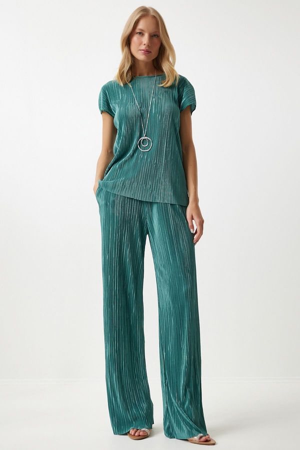 Happiness İstanbul Happiness İstanbul Women's Vibrant Green Pleated Casual Blouse Trousers Set