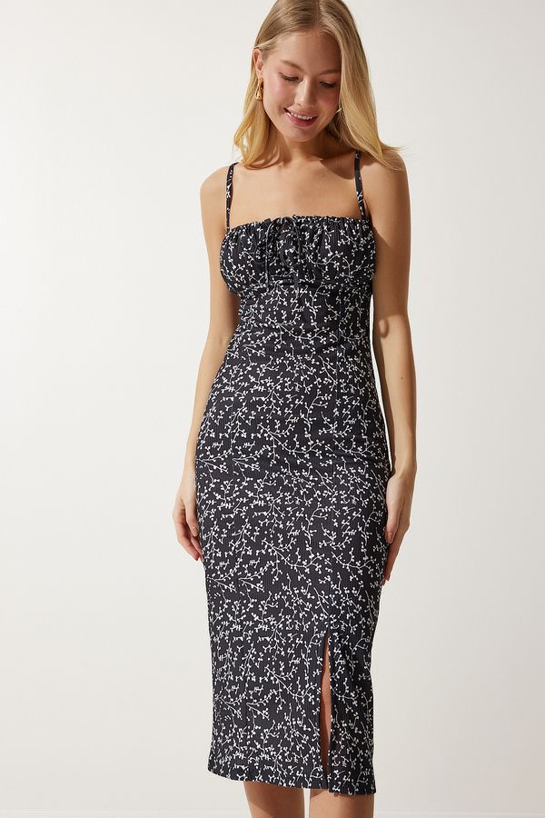 Happiness İstanbul Happiness İstanbul Women's Vivid Black Floral Slit Summer Knitted Dress