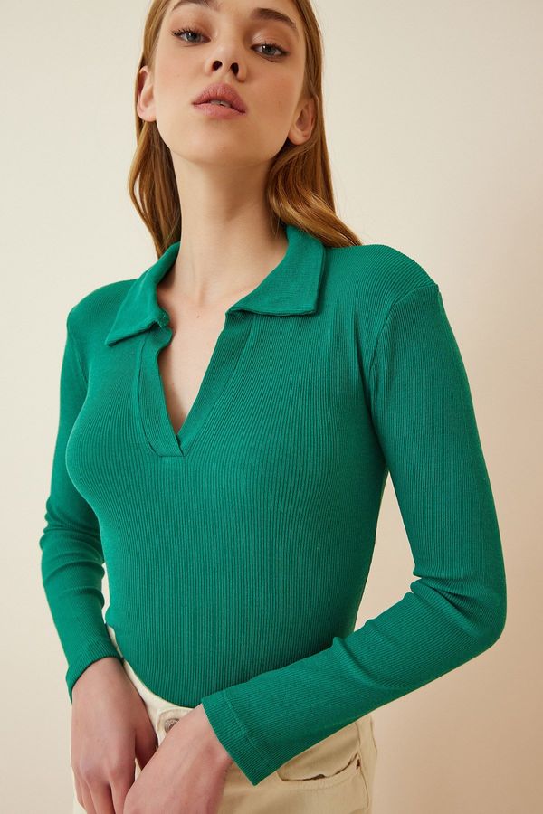 Happiness İstanbul Happiness İstanbul Women's Vivid Green Polo Neck Ribbed Knitted Blouse