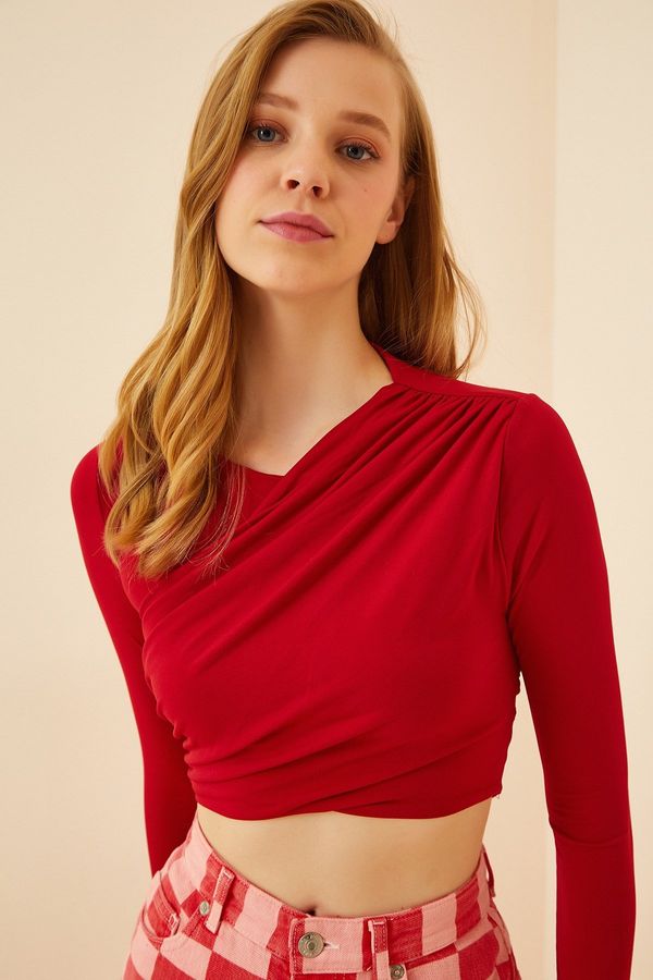 Happiness İstanbul Happiness İstanbul Women's Vivid Red Pleated Crop Knitted Blouse
