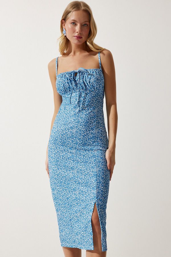 Happiness İstanbul Happiness İstanbul Women's Vivid Sky Blue Floral Slit Summer Knitted Dress