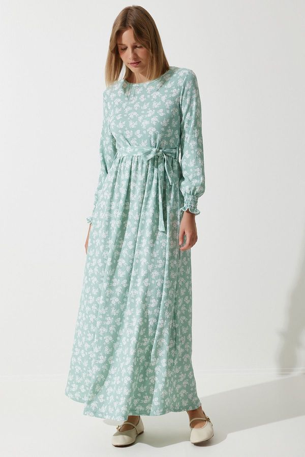 Happiness İstanbul Happiness İstanbul Women's Water Green Floral Summer Long Knitted Dress