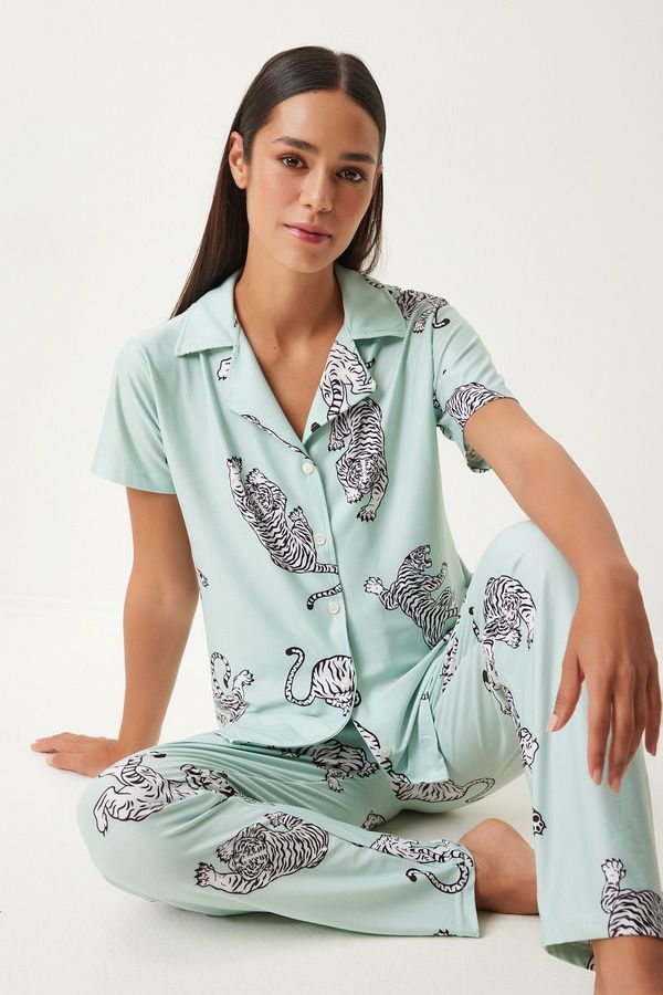 Happiness İstanbul Happiness İstanbul Women's Water Green Patterned Shirt and Pants Knitted Pajama Set