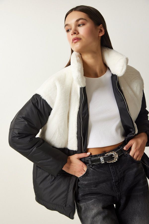 Happiness İstanbul Happiness İstanbul Women's White Black Fur Collar Puffer Coat