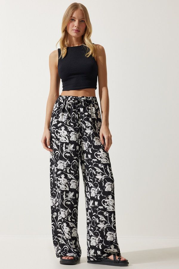 Happiness İstanbul Happiness İstanbul Women's White Black Patterned Flowy Viscose Palazzo Trousers