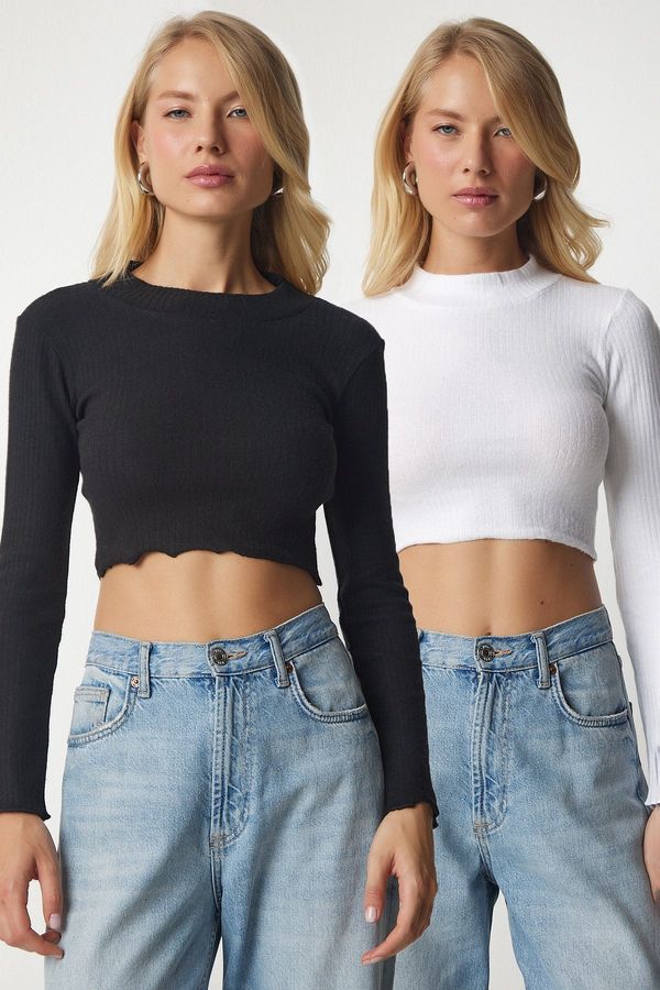 Happiness İstanbul Happiness İstanbul Women's White Black Ribbed 2-Pack Knitwear Crop Blouse