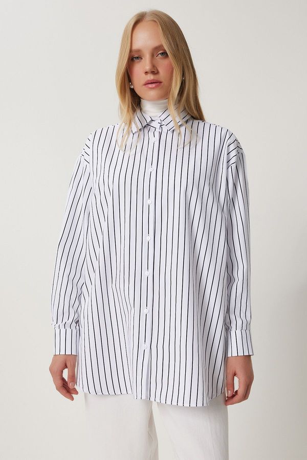 Happiness İstanbul Happiness İstanbul Women's White Black Striped Oversize Long Woven Shirt