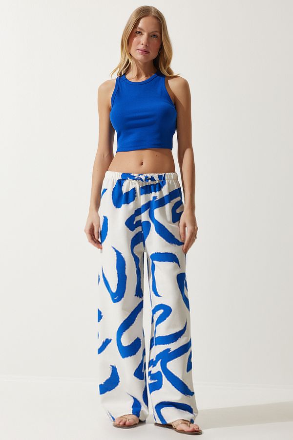 Happiness İstanbul Happiness İstanbul Women's White Blue Patterned Raw Linen Palazzo Trousers