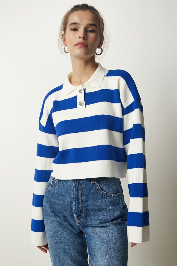 Happiness İstanbul Happiness İstanbul Women's White Blue Stylish Buttoned Collar Striped Crop Knitwear Sweater