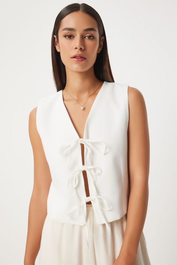 Happiness İstanbul Happiness İstanbul Women's White Bow Linen Vest