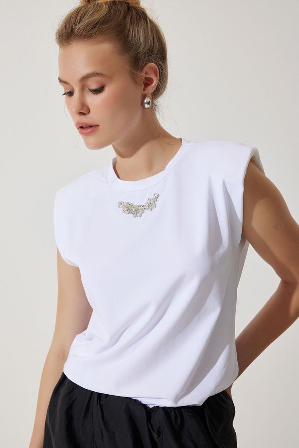 Happiness İstanbul Happiness İstanbul Women's White Collar Shiny Jewelled Padded Cotton Knitted T-Shirt