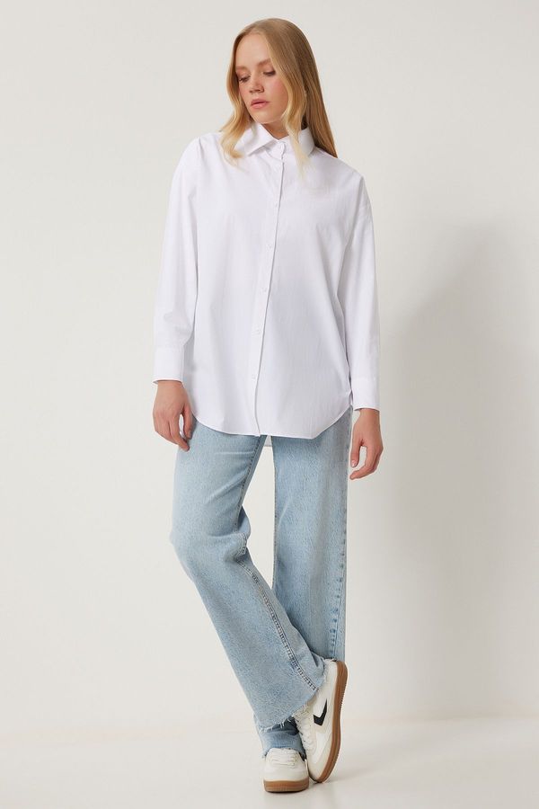 Happiness İstanbul Happiness İstanbul Women's White Cotton Oversize Long Shirt