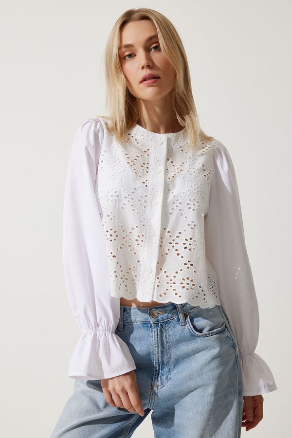 Happiness İstanbul Happiness İstanbul Women's White Flounce Sleeve Scalloped Poplin Shirt