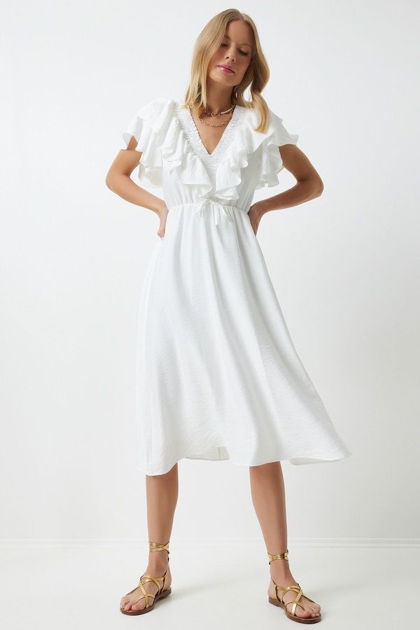 Happiness İstanbul Happiness İstanbul Women's White Flounce Summer Elastic Knitted Dress