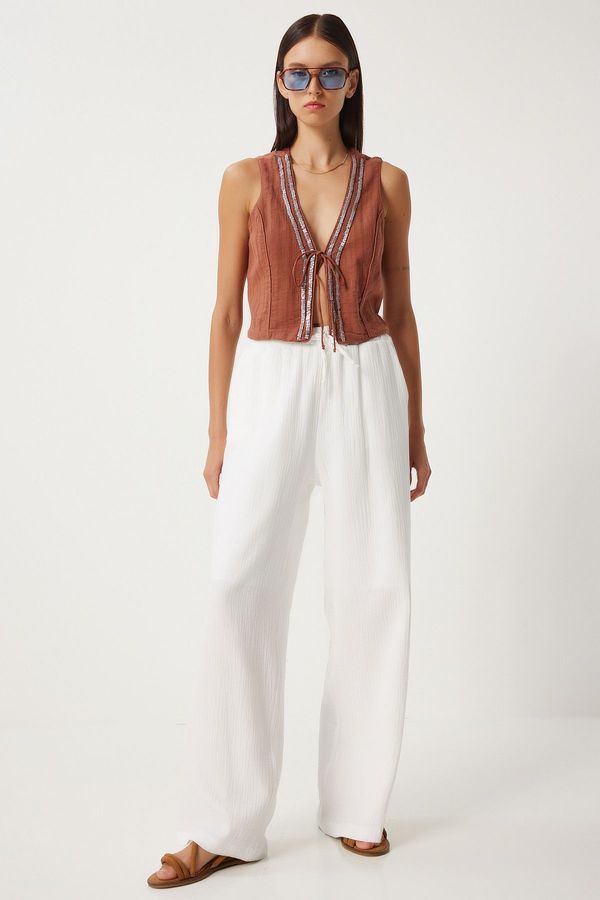 Happiness İstanbul Happiness İstanbul Women's White Muslin Palazzo Trousers