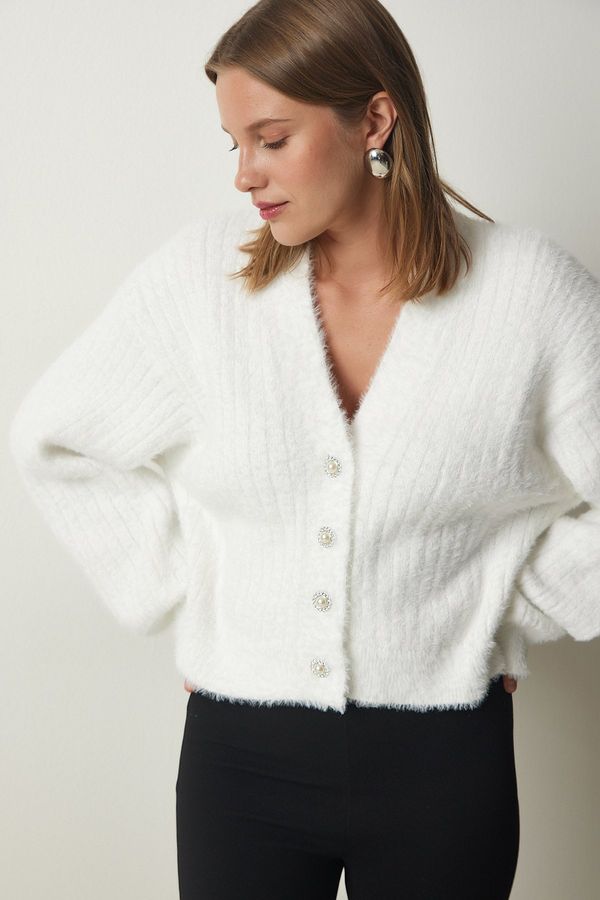 Happiness İstanbul Happiness İstanbul Women's White Pearl Button Detailed Bearded Knitwear Cardigan