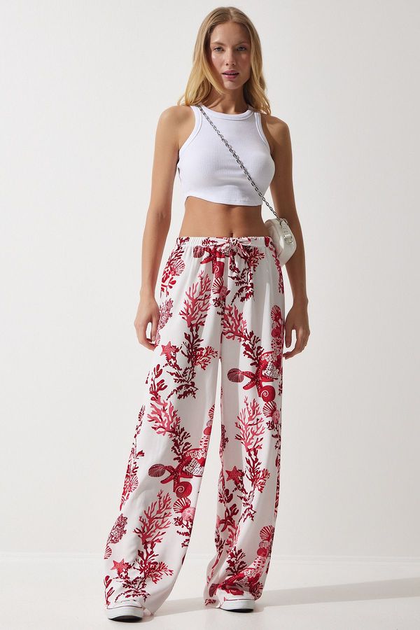 Happiness İstanbul Happiness İstanbul Women's White Pink Patterned Flowing Viscose Palazzo Trousers