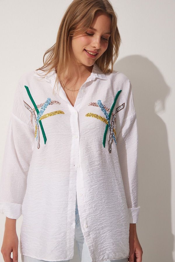 Happiness İstanbul Happiness İstanbul Women's White Sequined Oversize Ayrobin Shirt