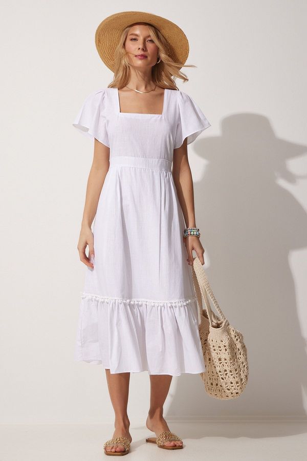 Happiness İstanbul Happiness İstanbul Women's White Square Neck Linen Dress