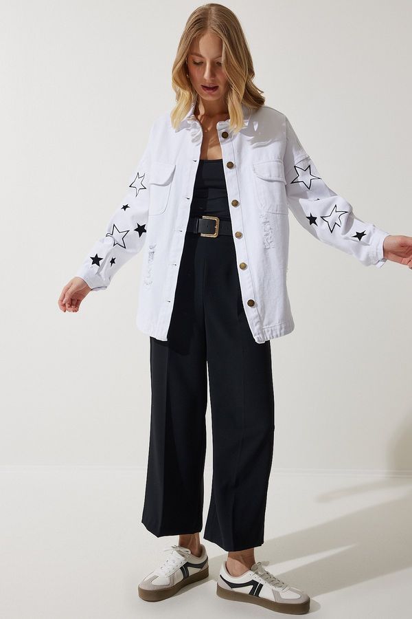Happiness İstanbul Happiness İstanbul Women's White Star Embroidered Oversize Shirt Jacket