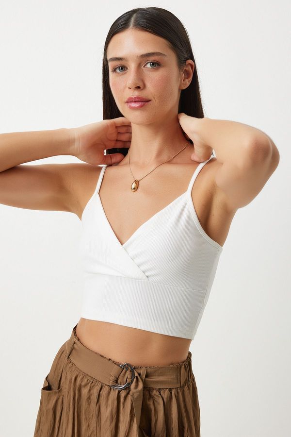 Happiness İstanbul Happiness İstanbul Women's White Straps Crop Knitted Bustier