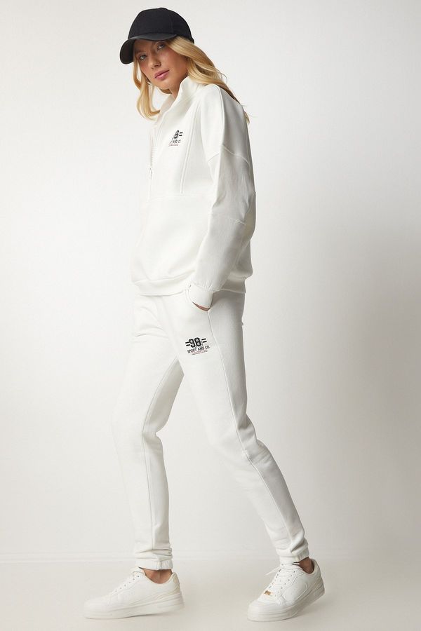 Happiness İstanbul Happiness İstanbul Women's White Zippered Collar and Rack Knitted Knitted Tracksuit Set