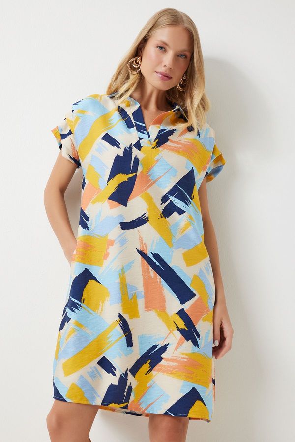 Happiness İstanbul Happiness İstanbul Women's Yellow Blue Polo Neck Patterned Summer Dress