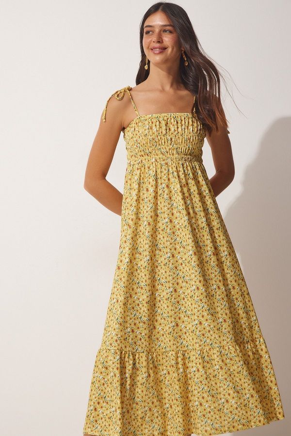 Happiness İstanbul Happiness İstanbul Women's Yellow Floral Halter Knitted Summer Dress