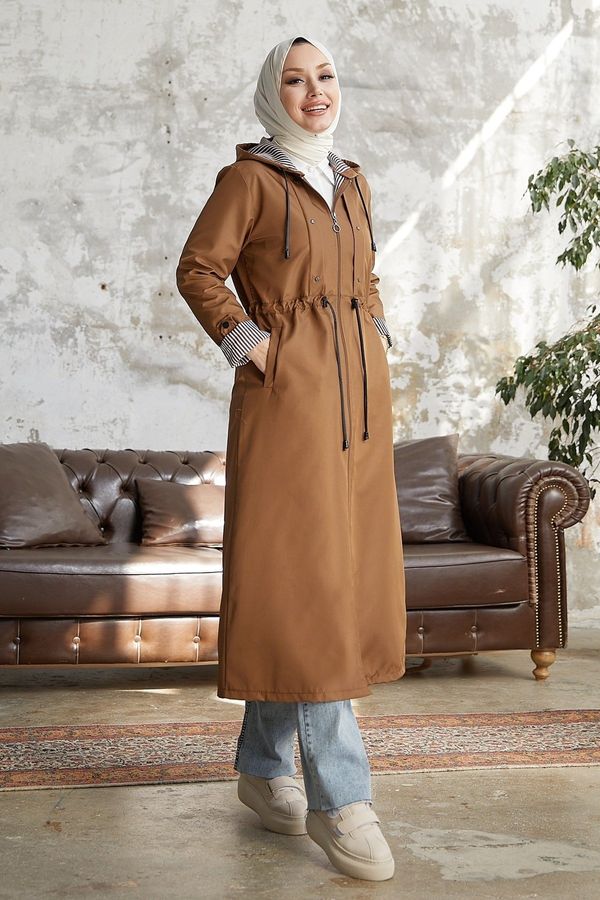 InStyle InStyle Burgundy Striped Pattern Long Trench Coat - Tan