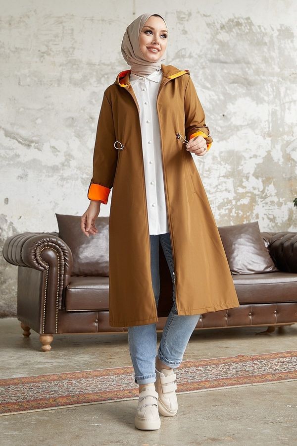 InStyle InStyle Drawstring Waist Hooded Neon Trench - Tan\Orange