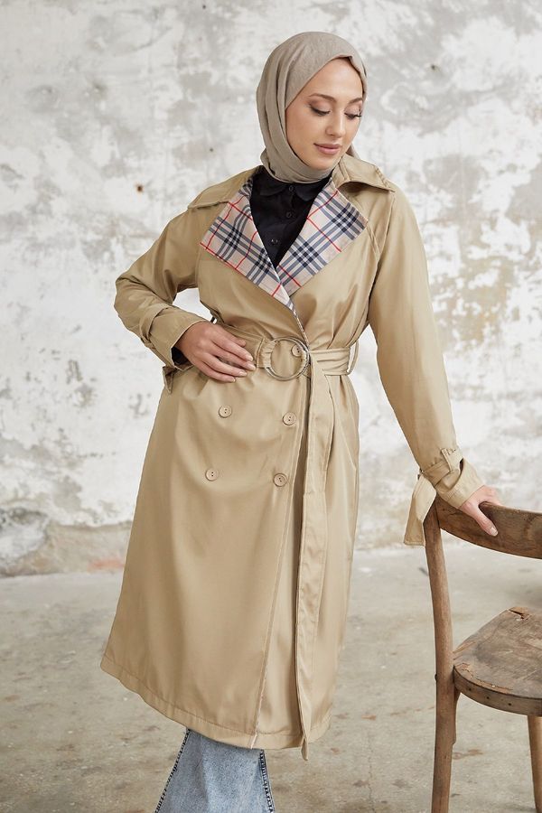 InStyle InStyle Eleta Double Breasted Collar Plaid Trench Coat - Beige