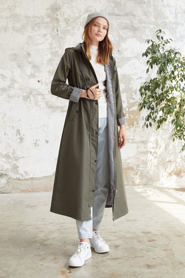 InStyle InStyle Lined Stripe Pattern Trench Coat - Khaki
