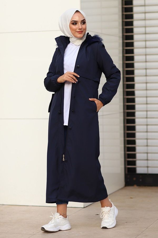 InStyle InStyle Women's Navy Blue Long Coat with Reverse Pocket Cover 2204