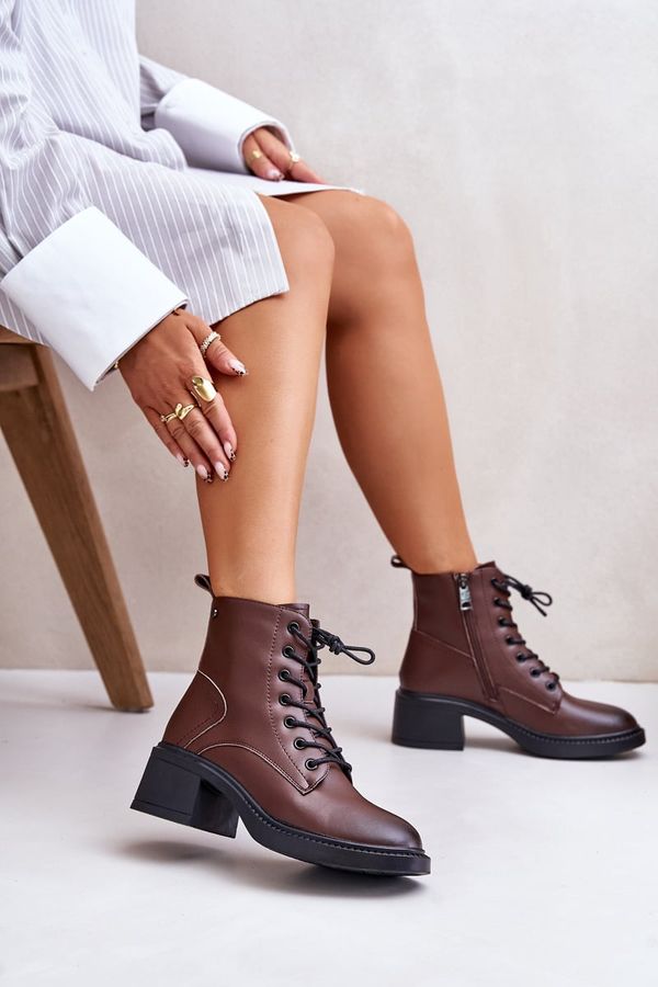 Kesi Insulated women's ankle boots on a low heel made of natural leather Vinceza brown