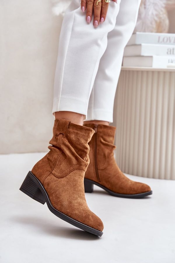 Kesi Insulated women's ankle boots with a gathered upper on a low heel Camel Zinanya