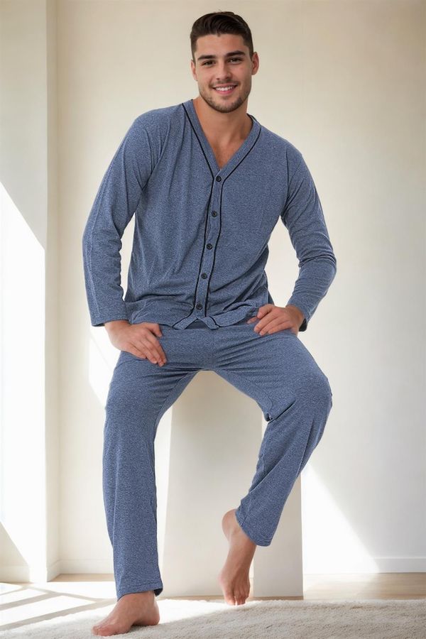 dewberry J4425 Dewberry Mens Buttoned Long Sleeve Pyjama Set-BLUE